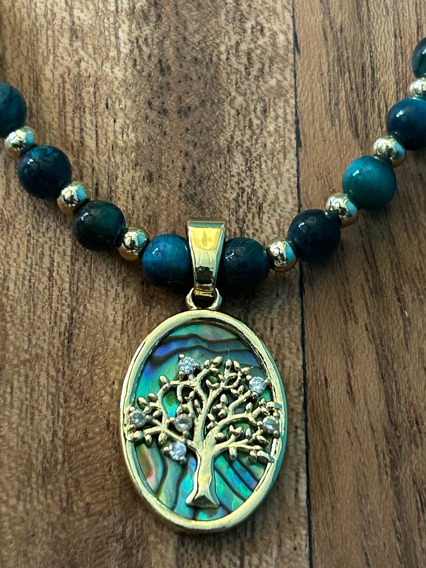 Blue Tiger Eye and Abalone Shell Tree of Life Chocker