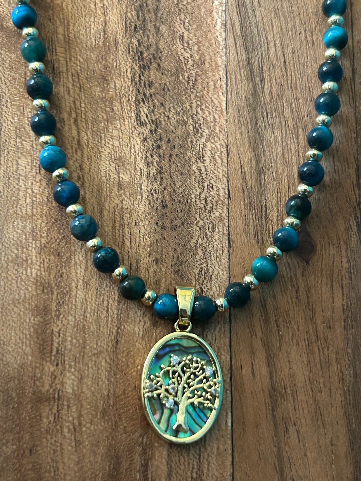 Blue Tiger Eye and Abalone Shell Tree of Life Chocker