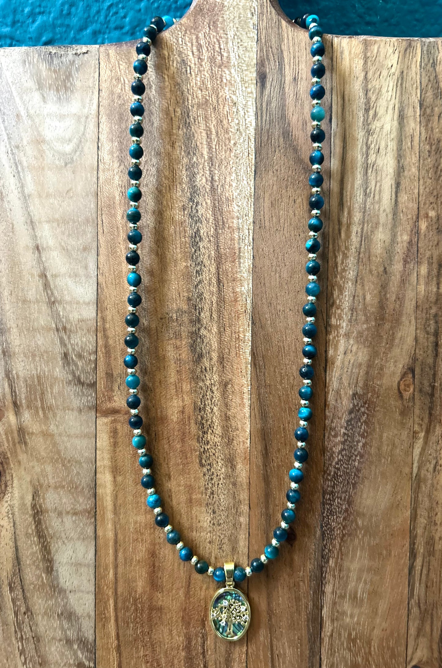 Blue Tiger Eye and Abalone Shell Tree of Life Chocker