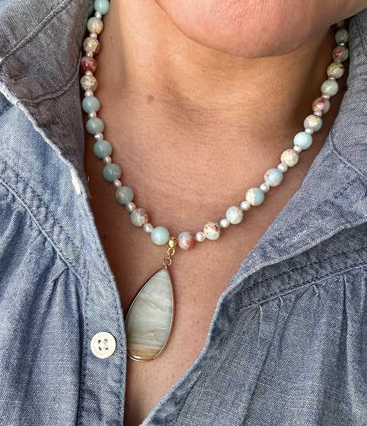 January Blues Necklace | Aquaterra, Ocean Jasper & Pearl